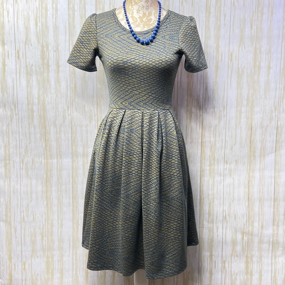 LuLaRoe Amelia Dress w/ Pockets, Zipper Back Blue & Olive Geometric Design - Picture 10 of 16
